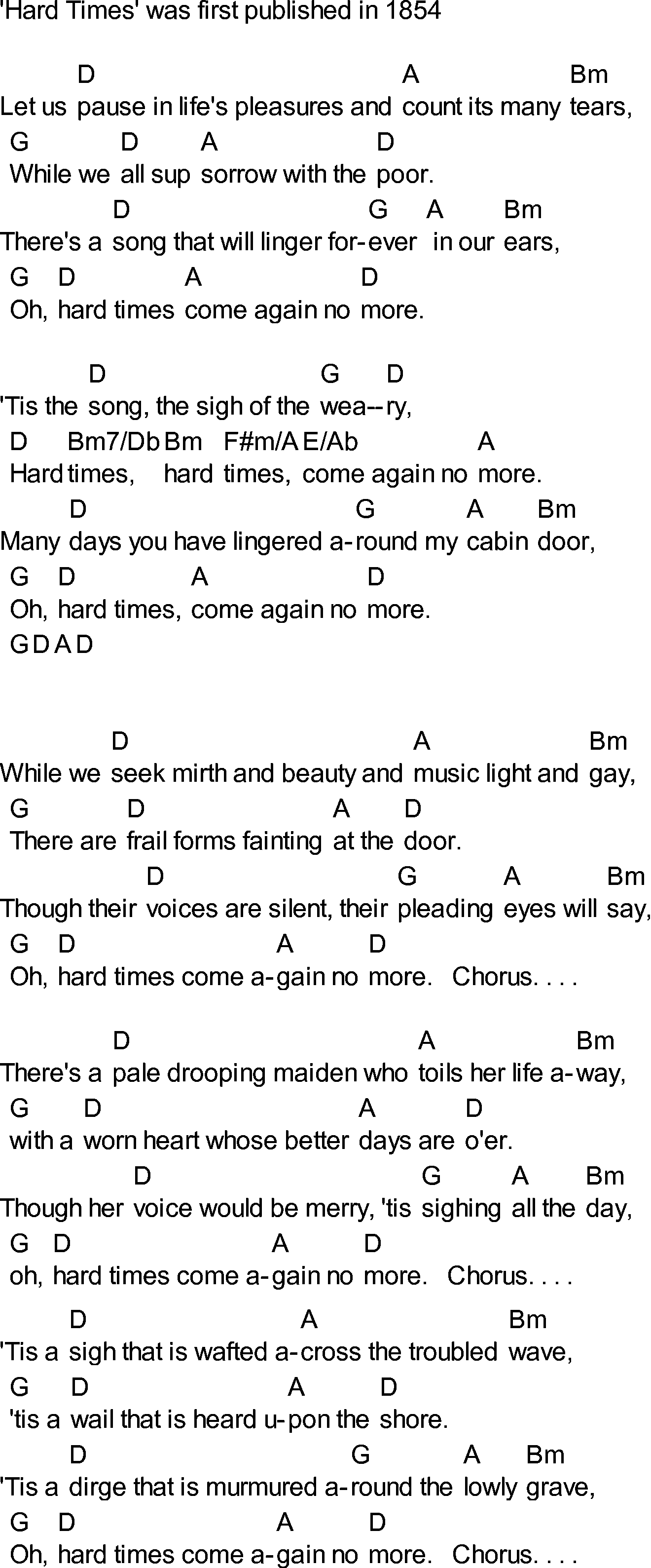 Bluegrass songs with chords - Hard Times Come Again No More